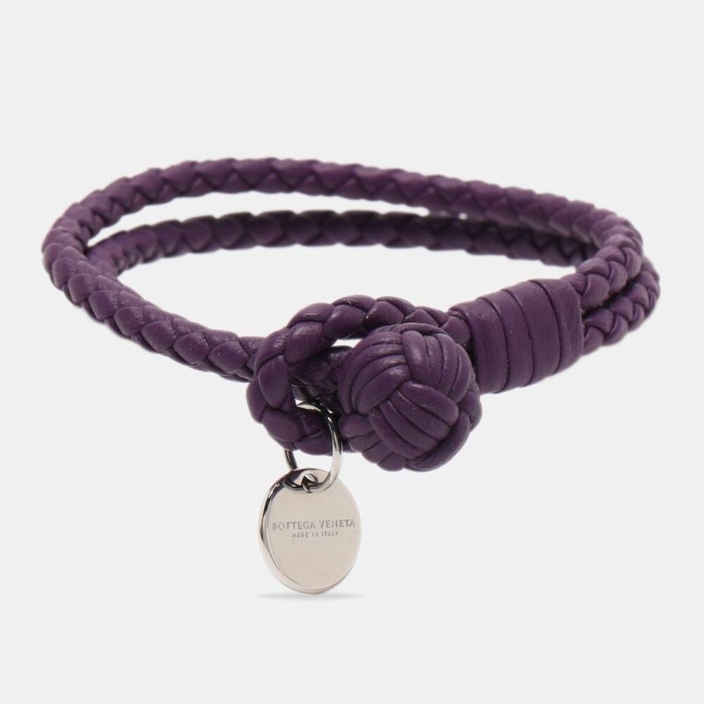 Bottega Veneta Intrecciato Purple Double Knot Leather Silver Tone Bracelet M